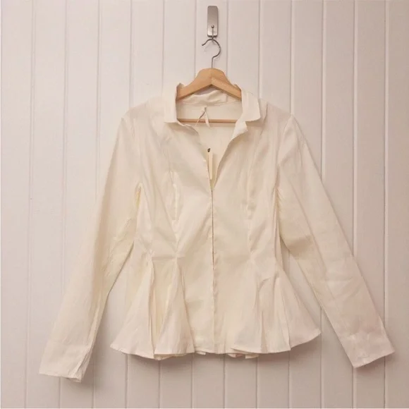 BNWT BY ANTHROPOLOGIE LONG-SLEEVE COLLARED LINEN PEPLUM OFF-WHITE BLOUSE - Picture 5 of 5